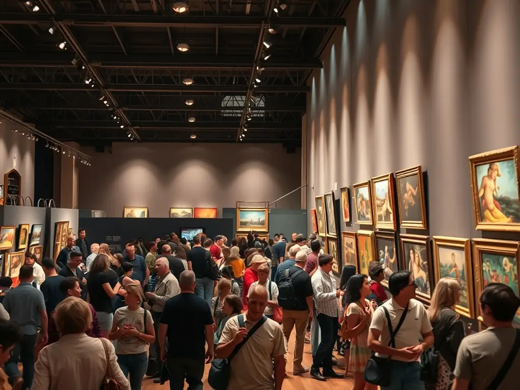 A vibrant photograph capturing the opening night of a contemporary art exhibition hosted by MRI AT WORK, showcasing diverse artworks and engaged attendees.