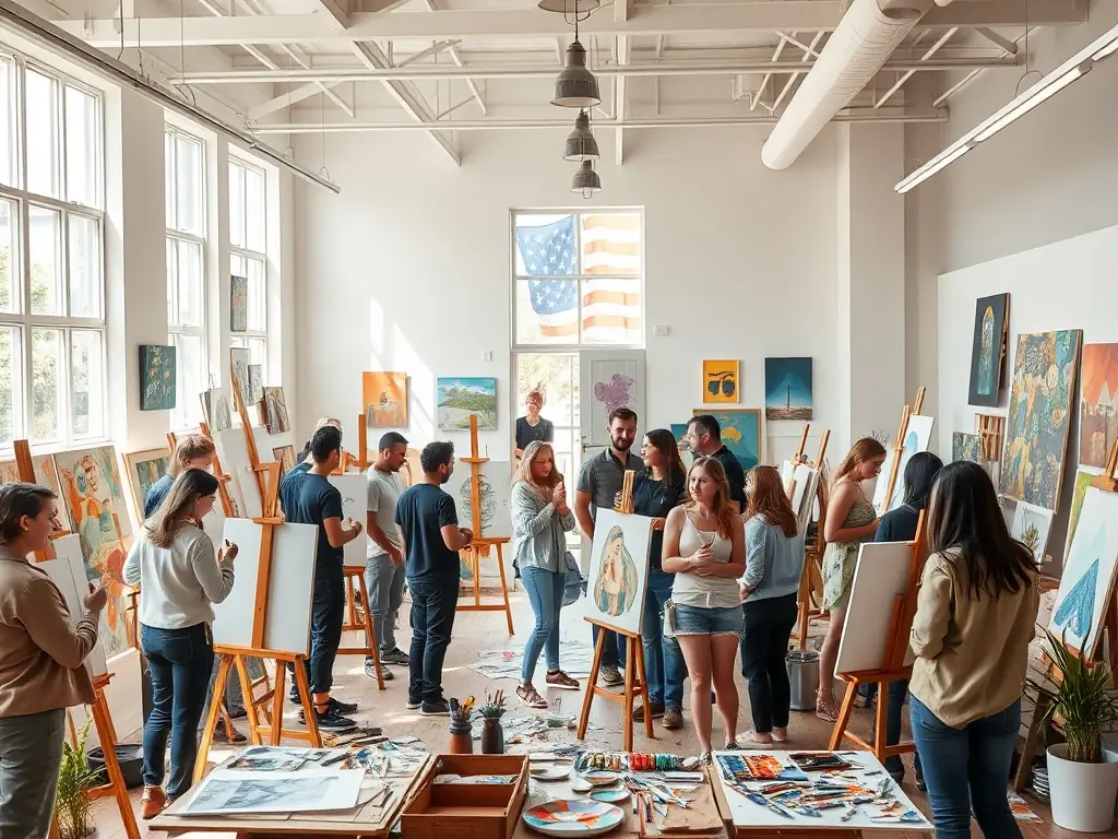 A dynamic artist-led workshop in progress, showcasing participants actively engaged in creating art under the guidance of a professional artist.