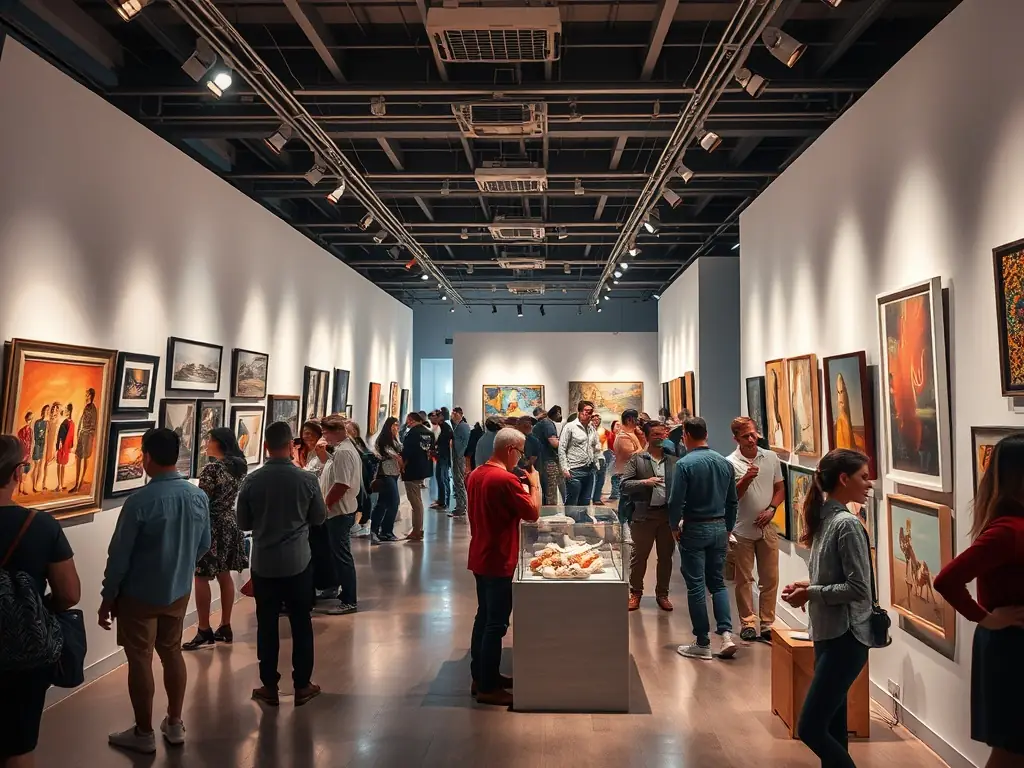 A vibrant contemporary art exhibition with diverse artworks on display, capturing the essence of MRI AT WORK's commitment to visual arts.